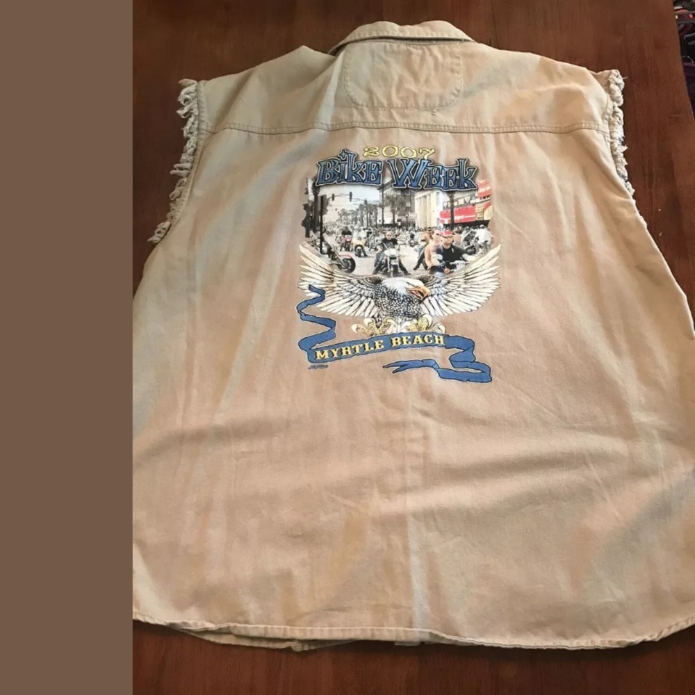 🔥 V TWIN Motorcycle Vest Sleeveless Shirt Top Khaki Tan Graphic Myrtle Beach